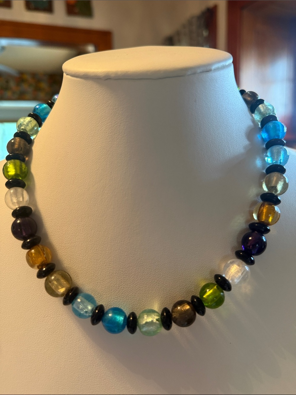 Audrey Limoges Collection Multi Glass Bead Necklace with Black Spacer Discs
